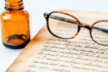 Close up of ancient manuscript with antique script and glasses for historical study or literature research
