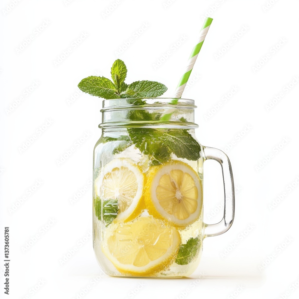 Poster refreshing mason jar drink with lemon and mint served with a straw for summer enjoyment at a sunny p