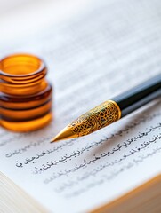 Close-up of an antique manuscript with intricate arabic calligraphy, illuminated pen, and inkwell for historical study and artistic inspiration