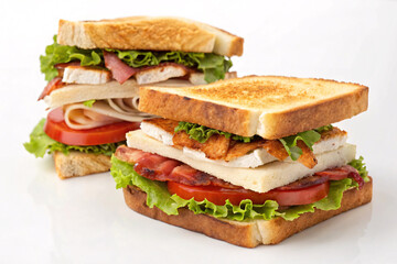 Two freshly made club sandwiches with toasted bread, crisp lettuce, sliced tomatoes, turkey, ham, bacon, and cheese, isolated on a white background.