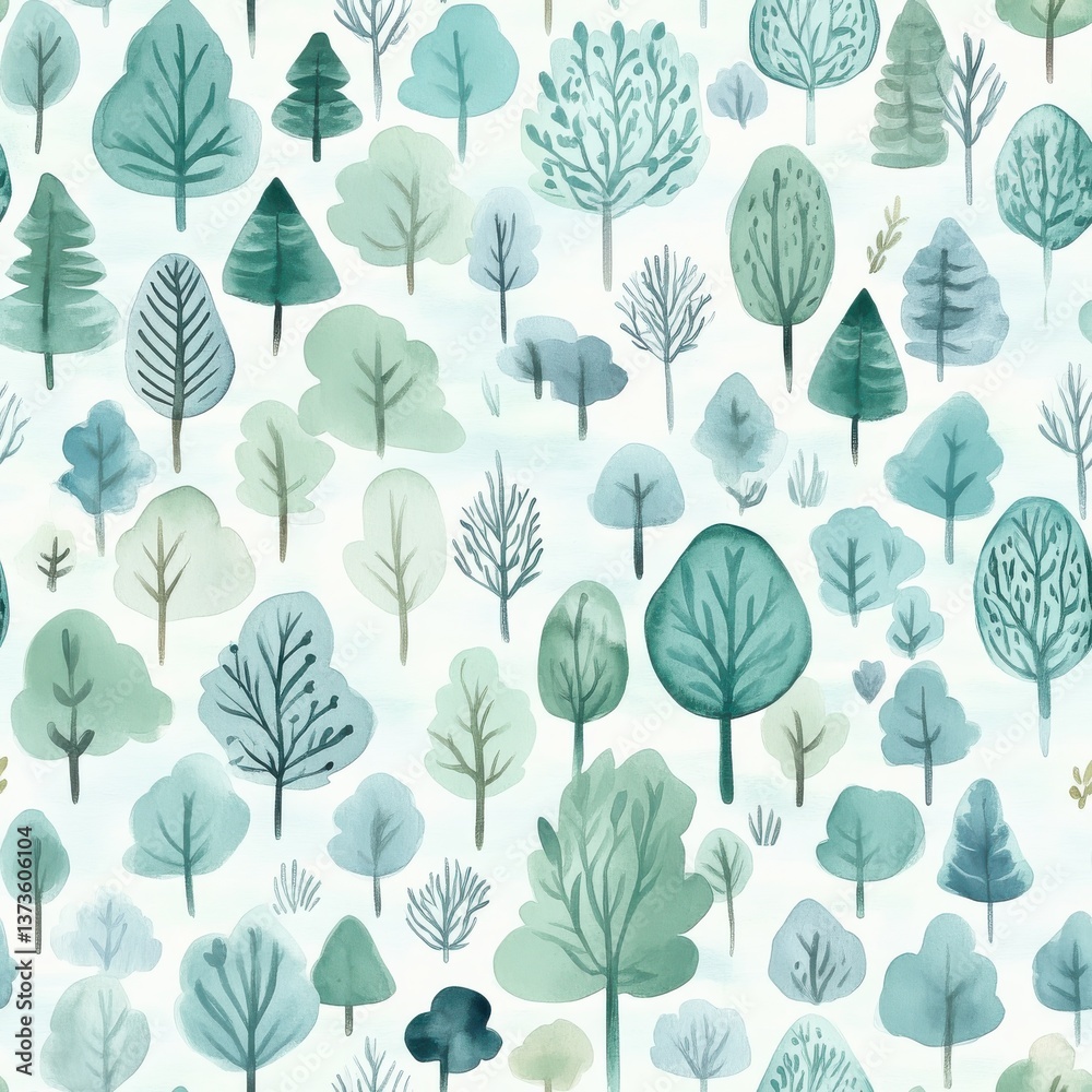 Leinwandbilder calming watercolor doodles of various trees and greenery creating a serene forest atmosphere