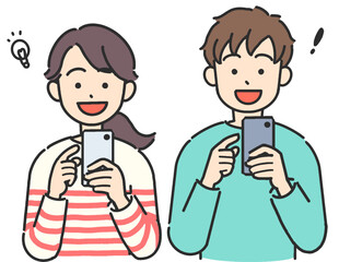 スマホを見て笑顔の若い男女のイラスト
