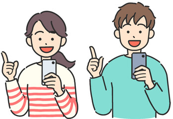 スマホを持って指差しをする若い男女のイラスト
