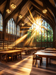Fototapeta premium Gothic-style library interior with soaring vaulted ceilings, large stained-glass windows, and warm sunlight streaming in, creating a serene and inspiring atmosphere for study and reading..