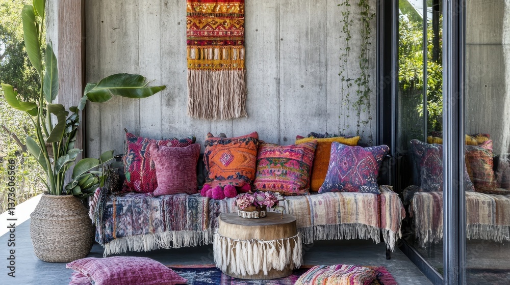 Poster bohemian seating area with vibrant decor amidst greenery in a cozy and inviting space