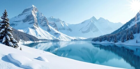Fototapeta premium Snow-covered mountain terrain with a frozen lake, serene landscape, snowflake, lake
