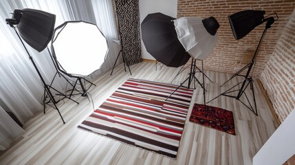Overhead shot of different background materials being tested for a studio setup