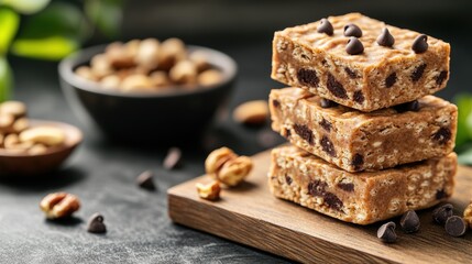 Fototapeta premium Three delicious squares of nutty chocolate chip fudge stacked on a dark wooden cutting board with scattered nuts and a bowl of mixed nuts nearby