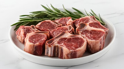 Fototapeta premium Perfectly marbled ribeye steaks, medium-rare and glistening, rest on cool marble. A sprig of rosemary adds a touch of freshness