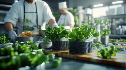 Fresh basil plants led in wire baskets atop a rustic wooden counter within a bustling professional kitchen where chefs prepare culinary delights.