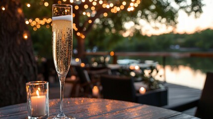 Romantic Champagne Toast  Sparkling Wine  Sunset  Candles  Outdoor Dining