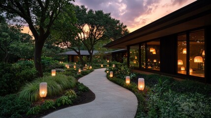 Serene Garden Path  Sunset  Lanterns  Pathway  Landscape  Twilight  Exterior  Lighting  Ar
