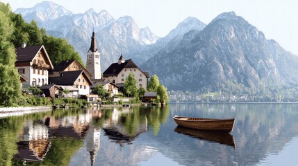 Fototapeta premium Serene Alpine Lake Village Mountains Church Boat Reflections