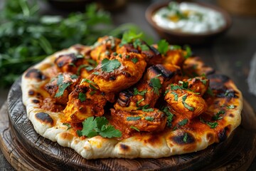 Tikka naan spicy chicken pieces served on hot naan bread with yogurt