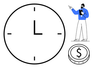 Large clock indicating focus on time, coin symbolizing money, and a speaker presenting. Ideal for productivity, time management, work-life balance, business strategy, planning, financial growth