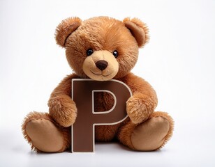 Obraz premium Cute brown teddy bear with letter P. Baby name reveal after child birth. Stuffed animal isolated on white background
