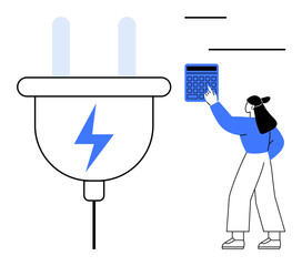 Large plug with lightning bolt next to woman using calculator to analyze data. Ideal for energy consumption, sustainability, finance, analytics, planning, electricity costs, technology. Flat simple