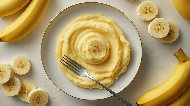 Plate with tasty mashed bananas on table, top view
