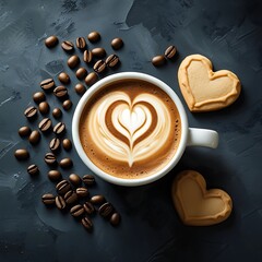 A beautifully composed top-down view of a cup of coffee with intricate heart-shaped latte art, placed on a dark textured background