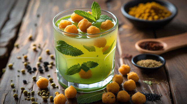 Jaljeera &ndash; A chilled glass of tangy jaljeera, with cumin and mint flavors, garnished with boondi (fried chickpea pearls), sitting on a wooden table with scattered spices like cumin, black salt