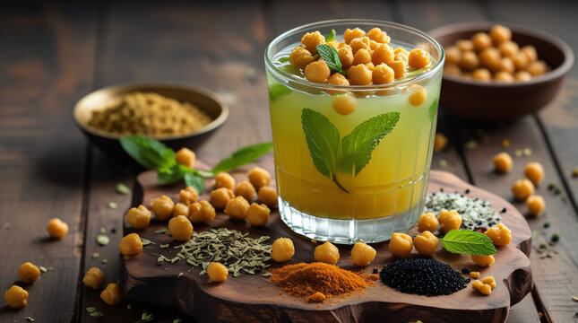 Jaljeera &ndash; A chilled glass of tangy jaljeera, with cumin and mint flavors, garnished with boondi (fried chickpea pearls), sitting on a wooden table with scattered spices like cumin, black salt
