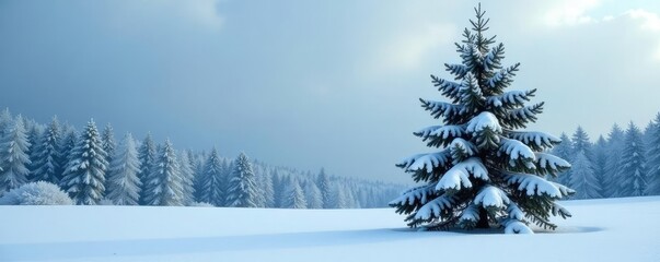 Snow-covered evergreen tree in frosty landscape, tree, winter, isolated