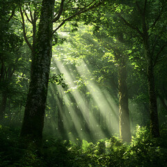 Obraz premium Sunbeams Illuminating Lush Forest Tranquil Nature Scene