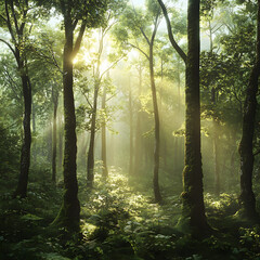 Obraz premium Golden sunbeams filter through a vibrant lush forest canopy dappling the mossy undergrowth