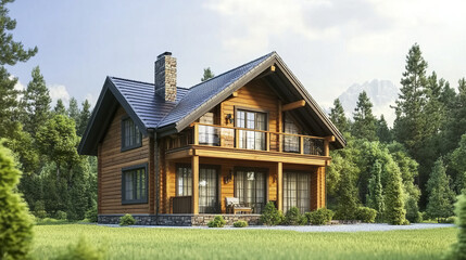 Obraz premium charming wooden house with cozy porch surrounded by lush greenery