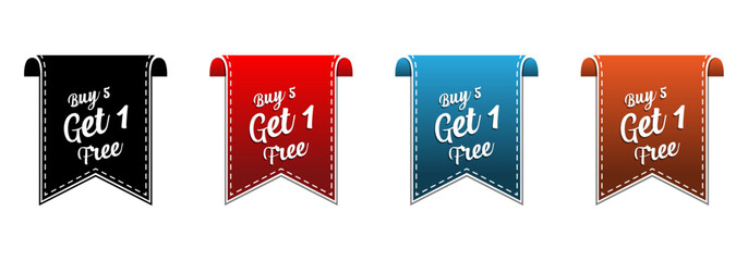 Stitched Border 'Buy 5 Get 1 Free' Promotional Banners in Black, Red, Blue, and Orange