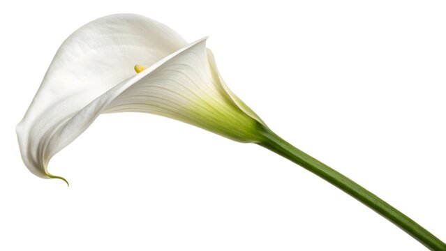Single White Calla Lily with a Long Elegant Stem, Isolated on a White Background, representing purity, sophistication, and minimalist beauty, Professional Minimalist Floral Stock Photo