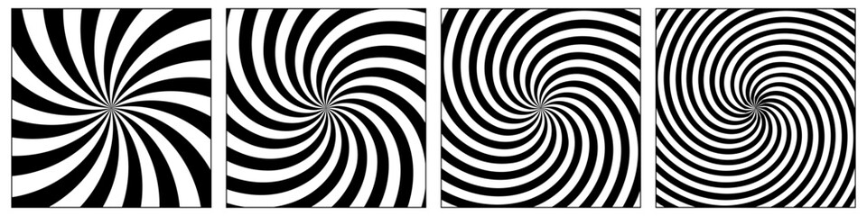 Black and white spiral illusion background. Circus backdrop. Abstract hypnotic radial patterns with optical distortion and twisted vortex effect. Dynamic graphic vector illustrations set.