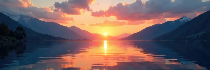 Water surface reflected in the sky at sunrise, sun, mountains, lake