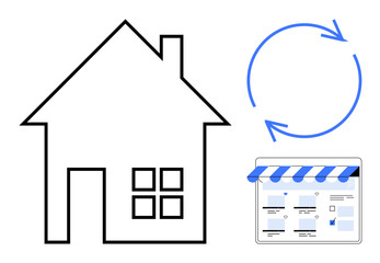 House outline with windows, circular refresh arrows, online storefront with blue awning and product layout. Ideal for home management, online retail, website updates, renovation projects, digital