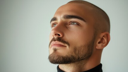 Obraz premium A man with a shaved head and a beard looking at the camera. The man has a serious expression on his face.
