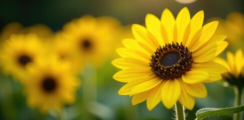 Obraz premium Sunflowers in full bloom with bright yellow petals and dark centers, yellow, garden, warm weather