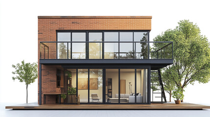 Fototapeta premium Modern loft style house with large windows and brick exterior