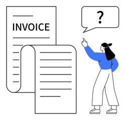 Oversized invoice with listed items and a woman pointing at it, questioning with a speech bubble. Ideal for finance, billing, expenses, accounting, payment issues, consulting, flat simple metaphor