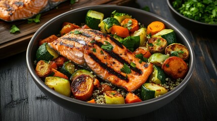 Fototapeta premium Grilled Salmon Fillet Served on Quinoa with Roasted Zucchini Carrots Brussels Sprouts in Dark Bowl Healthy Delicious Meal Gourmet Cuisine Displayed