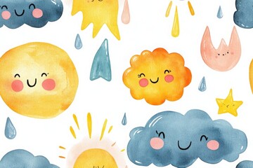 Naklejka premium Seamless pattern Delicate watercolor clouds with smiling expressions create a joyful atmosphere. The soft pastel tones and playful details evoke a serene, storybook feel