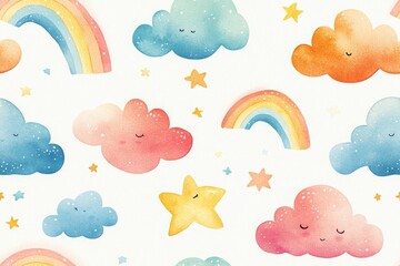 Obraz premium This charming seamless pattern features cute clouds and vibrant rainbows in soft watercolor, ideal for storybook illustrations and playful designs