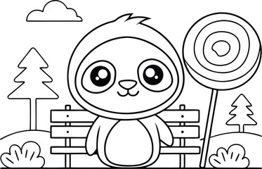 Kawaii Sloth Outline Sitting Bench with Lollipop, Trees, Cloud in Transparent