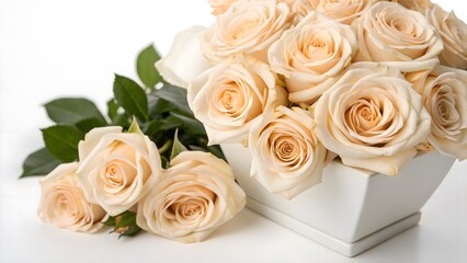Obraz premium Champagne-Colored Roses Arranged in a Stylish Composition, Isolated on a White Background, elegantly arranged for a luxurious and timeless aesthetic, Clean and Sophisticated Botanical Stock Image