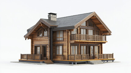 Rustic wooden house with large windows and balconies on white background