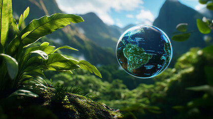 floating holographic globe displaying real time data, surrounded by lush green foliage and mountains in background, evokes sense of wonder and connection to nature
