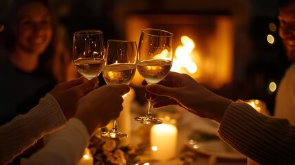Warm celebration with wine glasses clinking near a cozy fireplace scene
