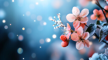 beautiful arrangement of delicate pink flowers contrasts against soft blue background, evoking serene winter atmosphere. scene captures essence of nature beauty, with hints of snow and sparkling
