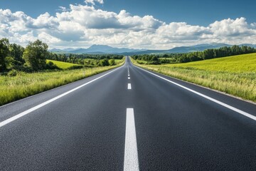 Fototapeta premium Open road stretches through lush green fields under a bright blue sky