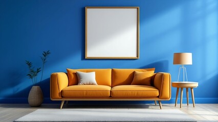 Modern interior of blue room, unframed picture hanging above orange sofa. can be used as an mockup for generative design.