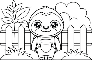Outline Drawing of Cute Sloth with Backpack near Fence and Plants, Transparent